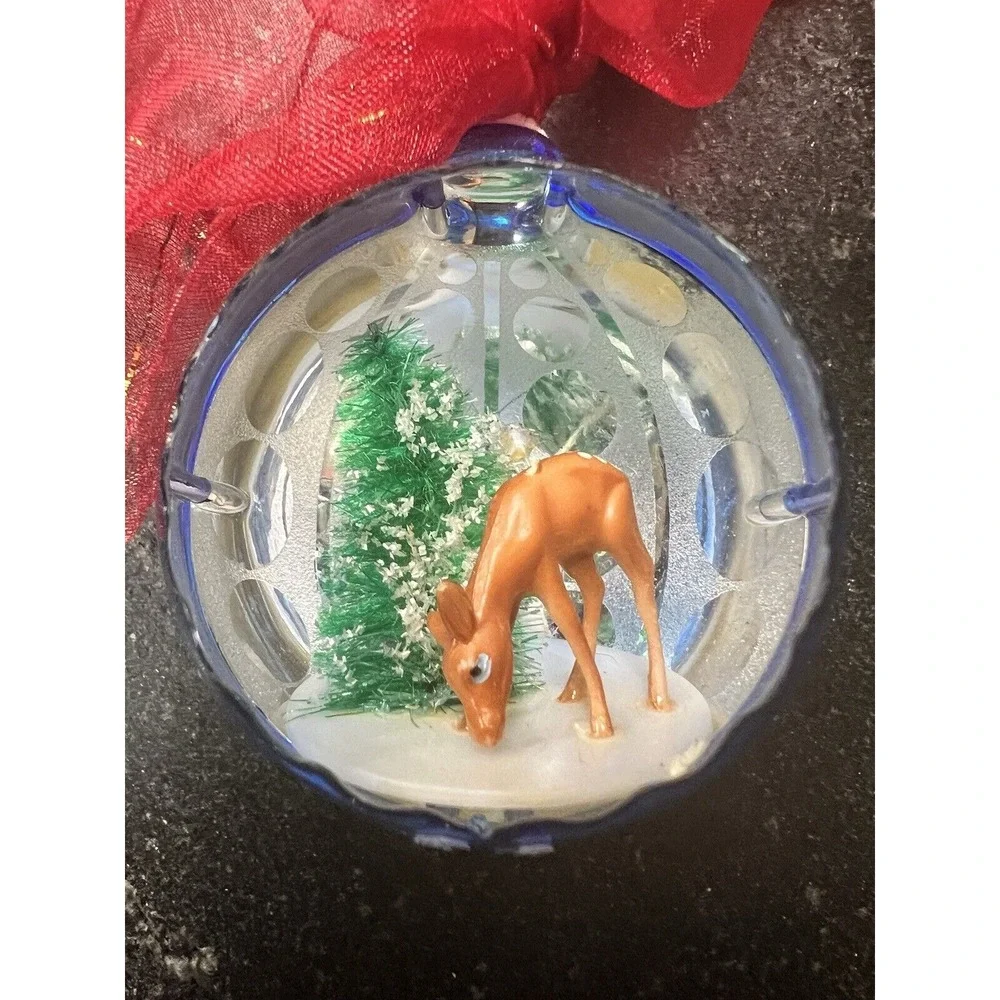 Vtg Christmas Ornament Deer & Tree Blue Jewelbrite 1960s MCM‎ Retro Reflector